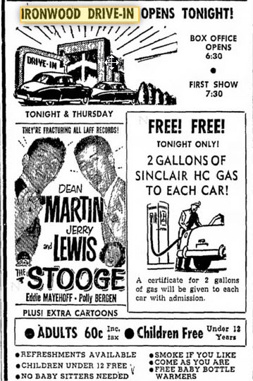 Ironwood Drive-In Theatre - 11 May 1955 Ad